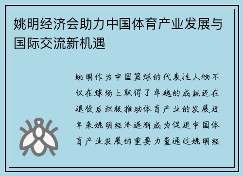姚明经济会助力中国体育产业发展与国际交流新机遇